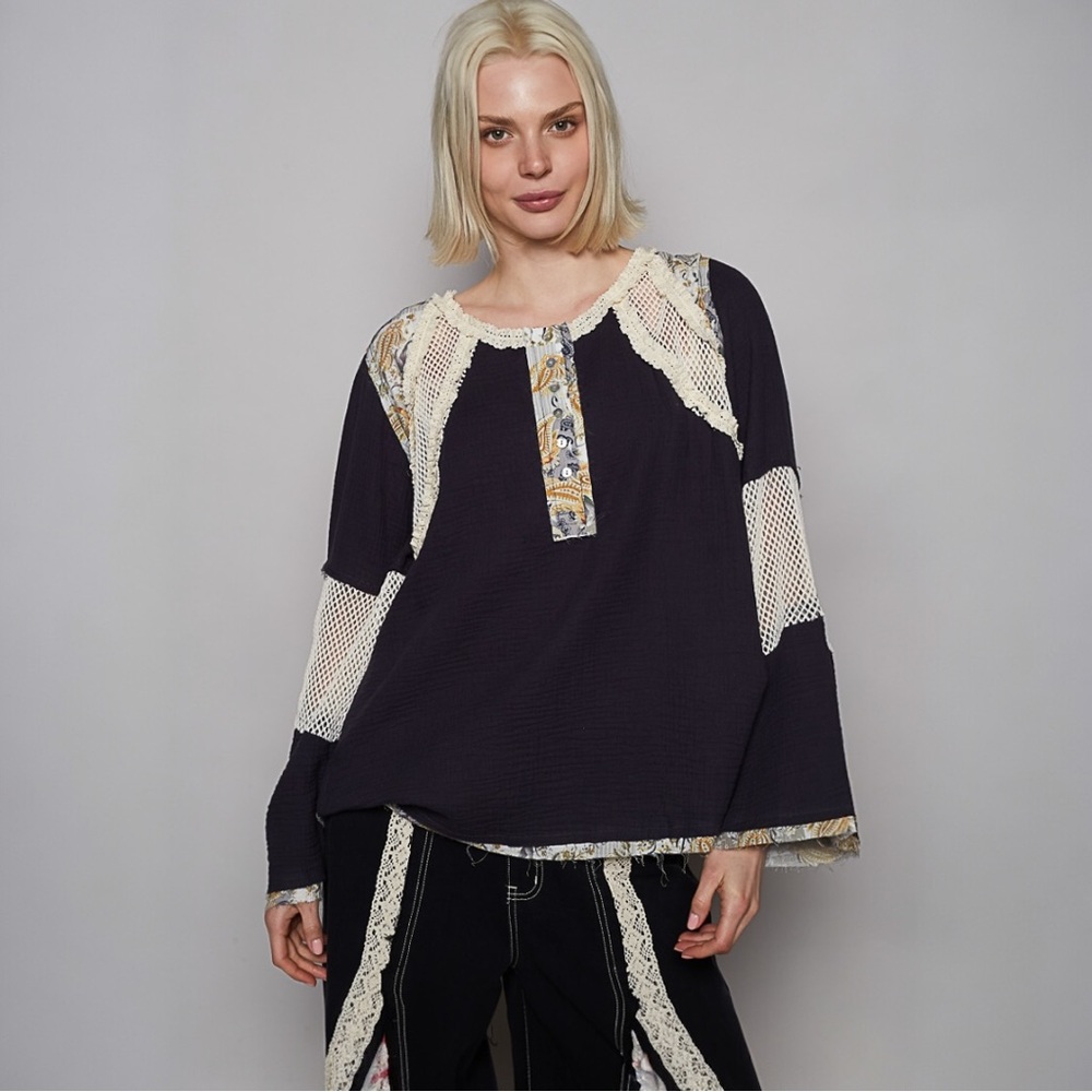 POL Round Neck Long Sleeve Double Gauze Top - Picture 3 of 7